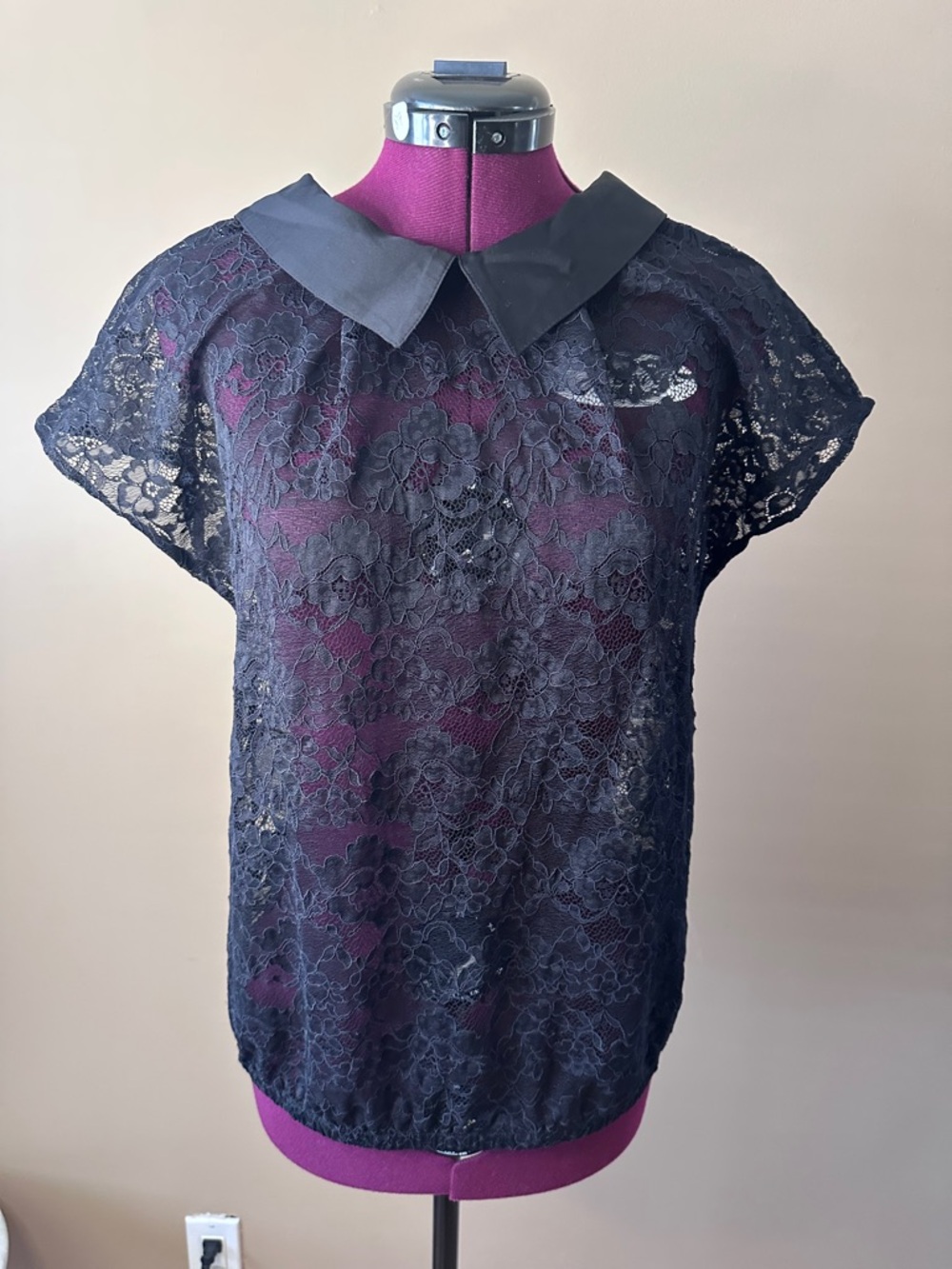 Intimissima Black Lace Collared Short Sleeve, Sheer, Feminine, Elevated Basic